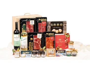 Surtido de Navidad Gourmet con vino MONTECILLO Reserva y caja de madera