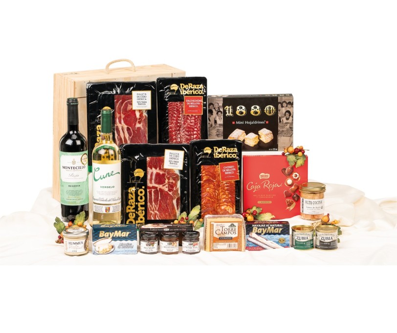 Surtido de Navidad Gourmet con vino MONTECILLO Reserva y caja de madera