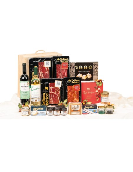 Surtido de Navidad Gourmet con vino MONTECILLO Reserva y caja de madera