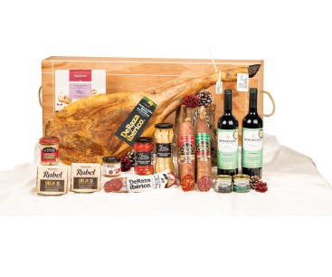 Surtido navidad gourmet con jamón ibérico DERAZA en caja de madera