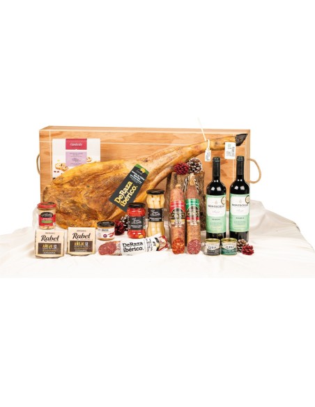 Surtido navidad gourmet con jamón ibérico DERAZA en caja de madera