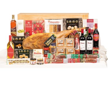 Surtido navidad gourmet con jamón DERAZA IBÉRICO y vinos PROTOS.