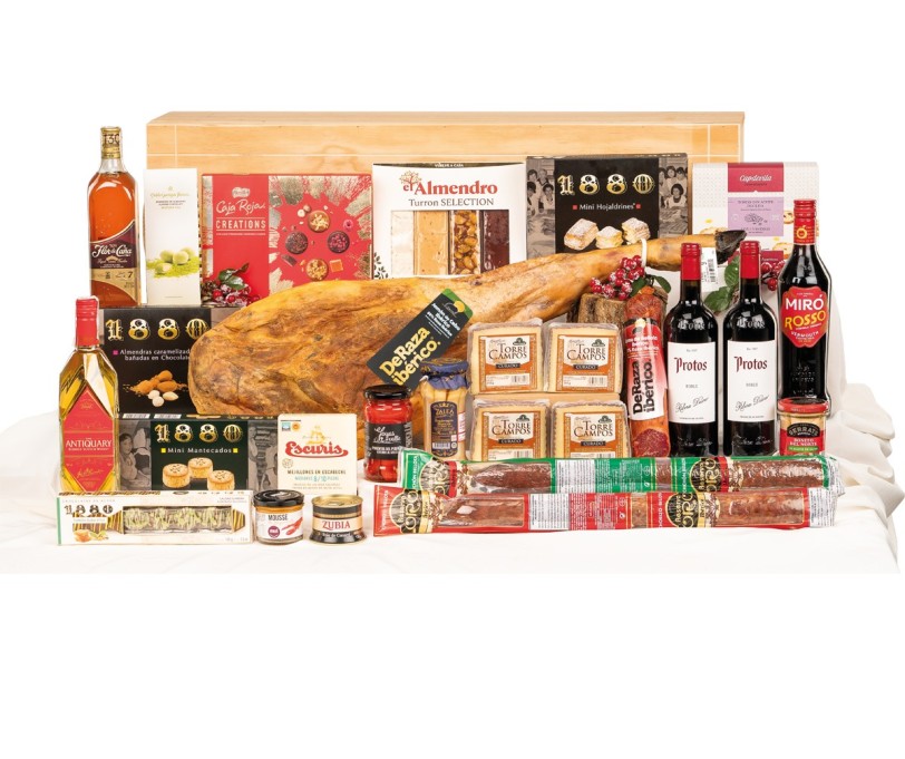 Surtido navidad gourmet con jamón DERAZA IBÉRICO y vinos PROTOS.