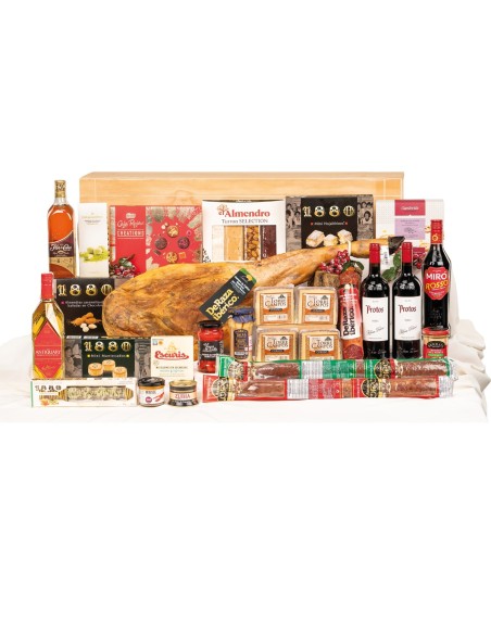 Surtido navidad gourmet con jamón DERAZA IBÉRICO y vinos PROTOS.
