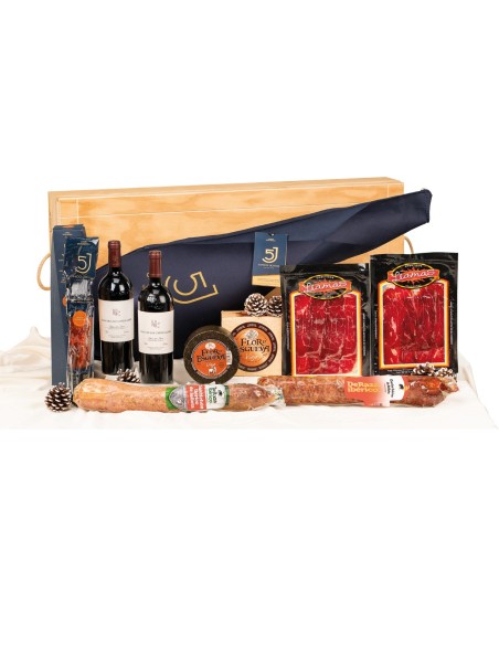 Surtido navidad gourmet con jamón CINCO JOTAS en caja de madera