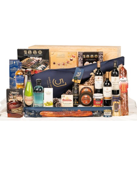 Surtido Navidad Gourmet con Jamón CINCO JOTAS en caja de madera natural